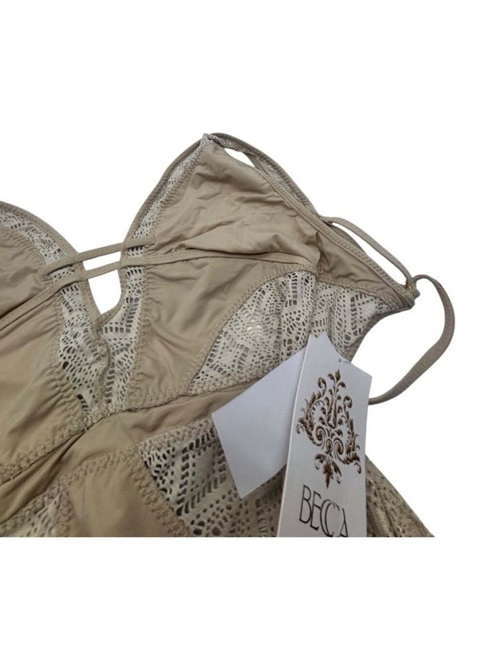 Becca Color Play Crochet Plunge One-Piece Swimsuit, Gold, M-NO REMOVABLE CUPS - Picture 8 of 15